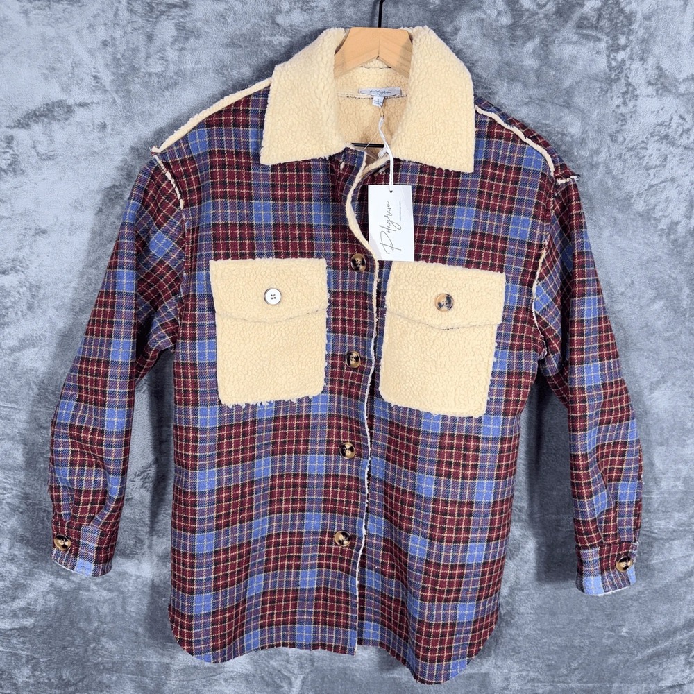 Polagram Womn Shacket Flannel S Maroon Blue‎ Plaid Sherpa Fleece Lined NWT